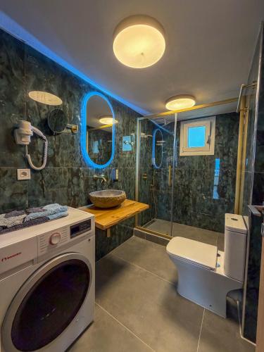 a bathroom with a washing machine and a shower at Giovanni Apartments in Syvota