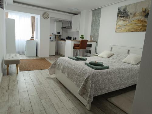 ein weißes Schlafzimmer mit Bett und Küche in der Unterkunft Harmony Studio in Târgu Secuiesc