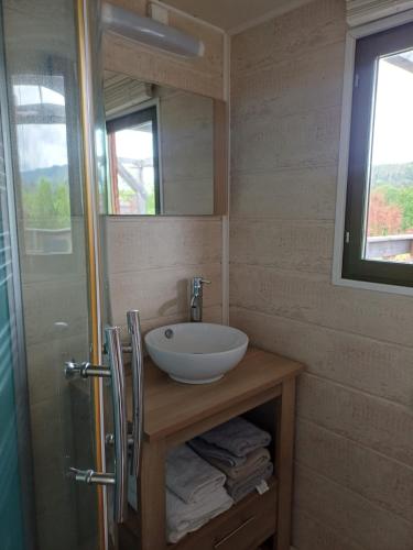 a bathroom with a sink and a mirror at la cabane des remparts in Marsac-en-Livradois