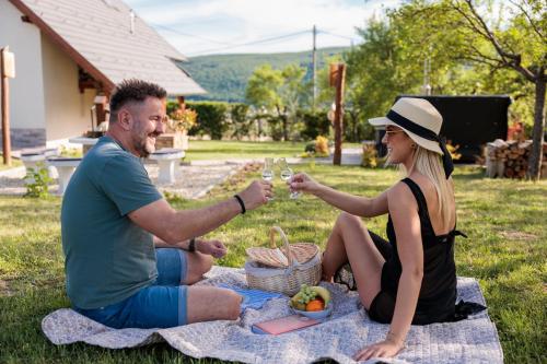 a man and woman sitting on a blanket drinking wine at a Ficak in Miskolc