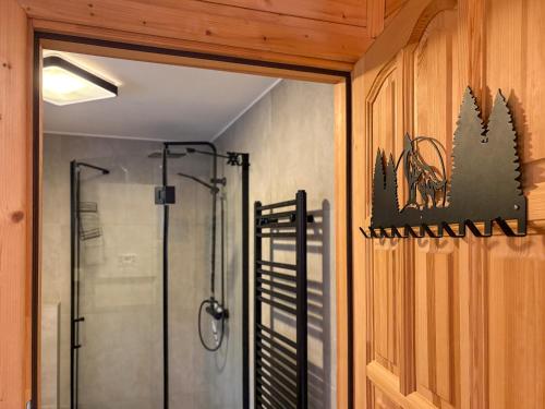 a bathroom with a shower and a glass door at Willa Wilk in Międzybrodzie Bialskie