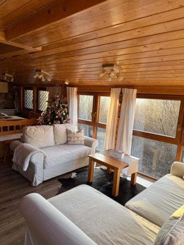 a living room with a couch and a table at CHataBela in Svit
