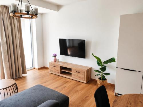 a living room with a flat screen tv on a wall at Apartmán Viktória in Poprad