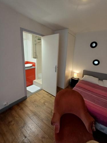 a bedroom with a bed and a bathroom with a shower at La Chaloupe 4 in Thiers