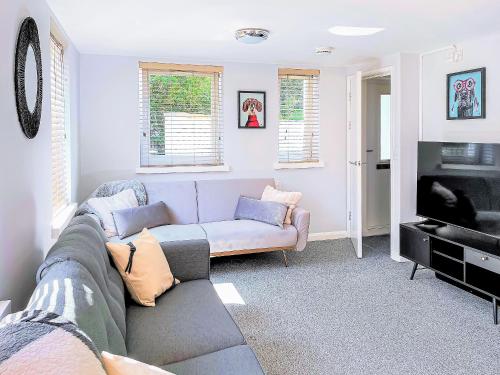 a living room with a couch and a tv at Summerleaze House in Bude