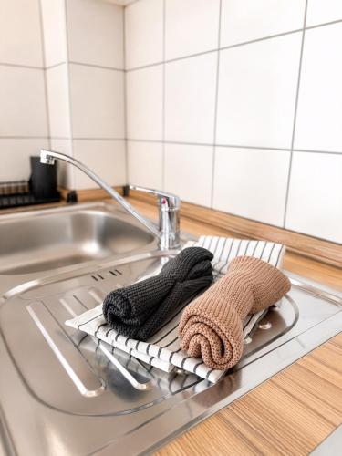 a kitchen sink with two towels on a drying rack at Gemütliches Apartment 8 am Titisee mit Balkon, Top Lage, Parkplatz in Titisee-Neustadt