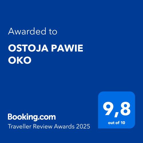 a blue text box with the words awarded to oococula pavesigure review at OSTOJA PAWIE OKO in Potęgowo