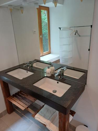 a bathroom with two sinks and a large mirror at La Gabare 1 in Thiers