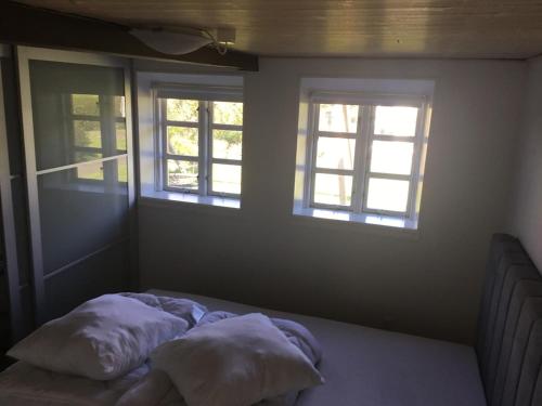 a bedroom with two windows and a bed in it at Det Bette Hus in Fladbjerg