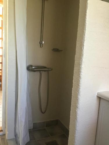 a shower in the corner of a bathroom at Det Bette Hus in Fladbjerg