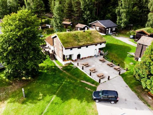 an aerial view of a house with a grass roof at HI Sjoa in Otta