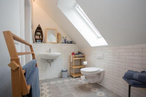 a bathroom with a toilet and a sink at Denkmal Haus Hugo in Medebach