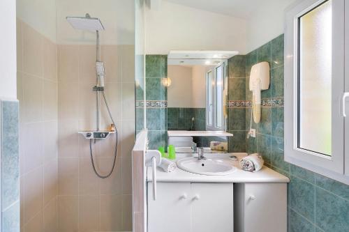 a bathroom with a sink and a shower at Gite Echo in Salignac Eyvigues