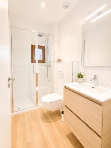 a bathroom with a shower and a toilet and a sink at M114 Magnifique T2 aux portes de la douane de Moillesulaz in Gaillard