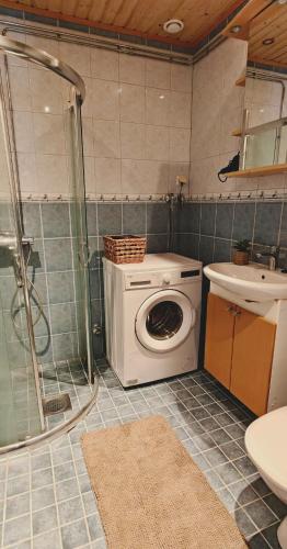 a bathroom with a washing machine and a shower at Sorvarinraitin Helmi in Seinäjoki