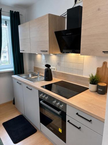 a kitchen with a sink and a stove top oven at Niklasdorf Bergblick/Erholung in Niklasdorf