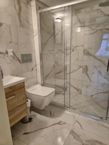 a bathroom with a shower and a toilet and a sink at Bulut Hotel in Pamukkale