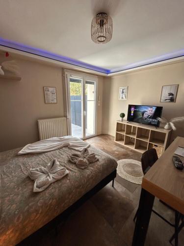 a bedroom with a bed and a tv and a table at La suite secrète et son spa abrité in Nancy