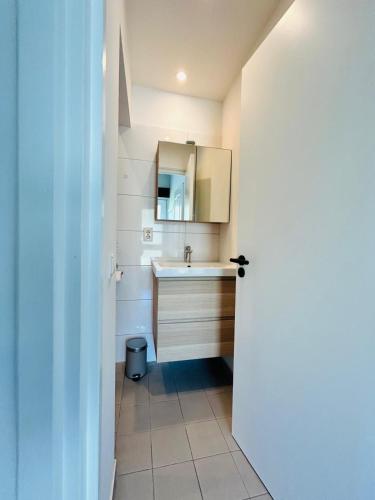 a bathroom with a sink and a mirror at De Zeebries in Warmenhuizen