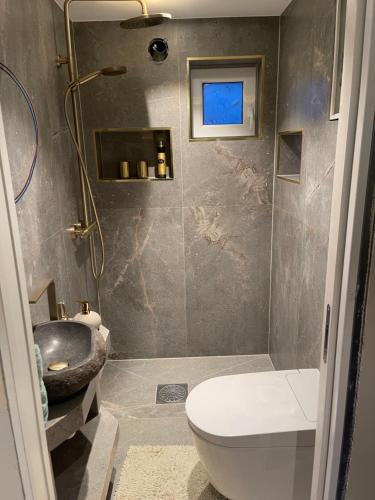 a bathroom with a toilet and a sink at Småstranda 7B Boathouse in Store Teisten