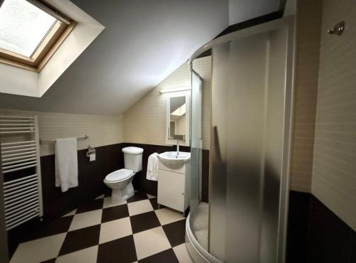 a bathroom with a toilet and a sink and a shower at Alfa Mall in Sibiu