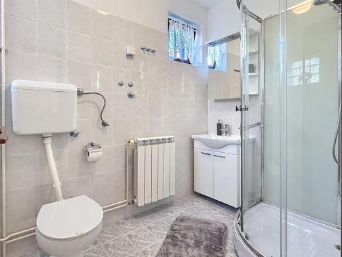 a bathroom with a toilet and a shower and a sink at Apartments Grozdana in Baška