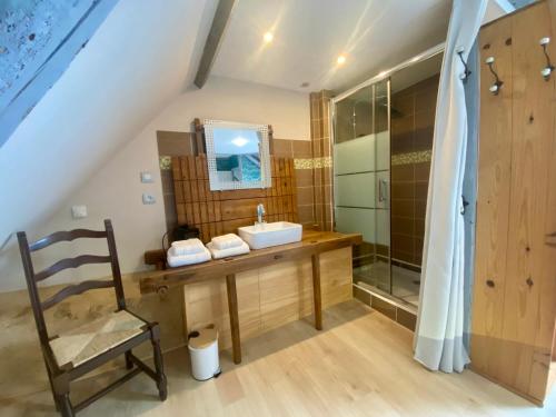 a bathroom with a sink and a glass shower at Les Gîtes de Leymandie in Saint-Avit-de-Vialard