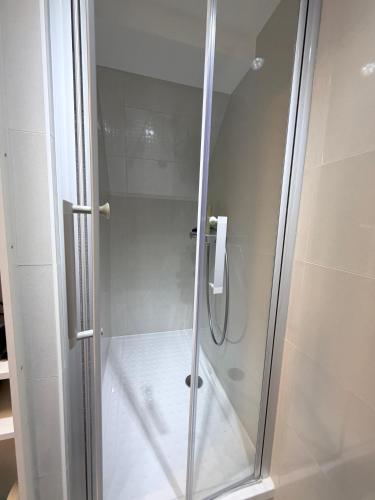 a shower with a glass door in a bathroom at Top-floor apartment for up to 3 guests in Dreieich
