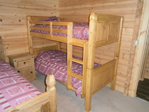 um quarto com 2 beliches num chalé de madeira em Long Mountain Centre Log Cabins em Meadowtown