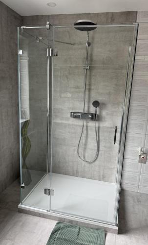 a shower with a glass door in a bathroom at Au 10 in St. Wolfgang