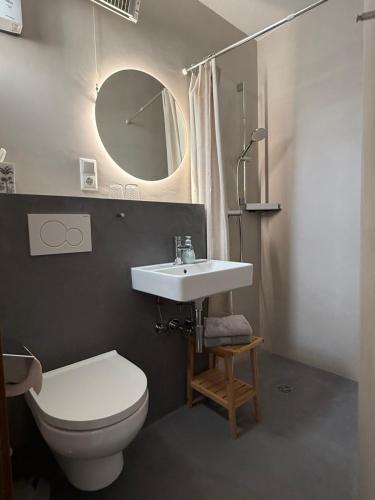 a bathroom with a sink and a toilet and a mirror at Moselbleibe Mainzer in Ernst