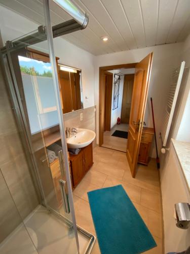 a bathroom with a shower and a sink and a mirror at Ferienwohnung Pickert in Bad Endorf