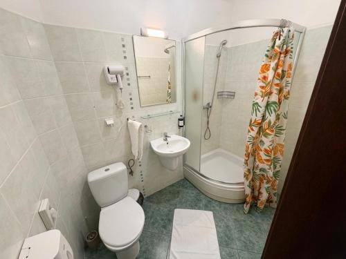 ein Badezimmer mit Toilette, Waschbecken und Dusche in der Unterkunft Penzion RAKI in Bratislava