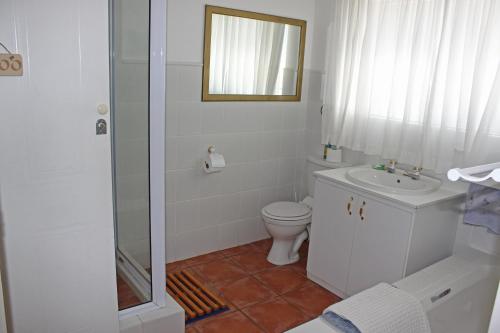 uma casa de banho com um WC, um lavatório e um chuveiro em Ons Kraal em Franskraalstrand