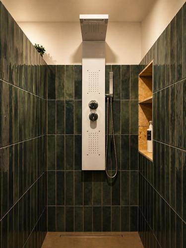 a bathroom with a shower with green tiles at Studio chic et confortable in Lorgues