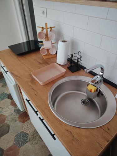 a kitchen counter with a sink in a kitchen at Staša Apartmani in Novi Pazar