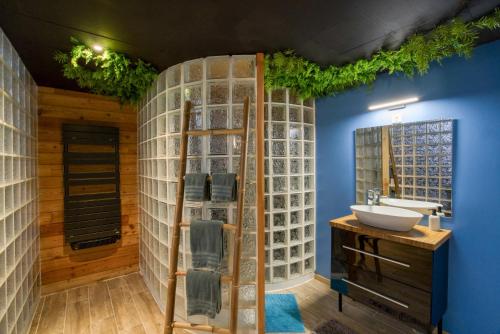 a bathroom with a glass walled shower and a sink at chambre AZZURO avec jacuzzi lit rond et jardin avec piscine in Saint-Martial-sur-Né