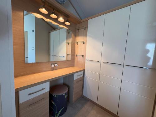 a bathroom with a vanity and a mirror at Green Lodge Bran in Bran