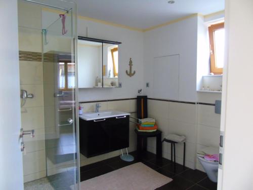 a bathroom with a sink and a shower at Ferienwohnung Csilla 2 in Oberweid