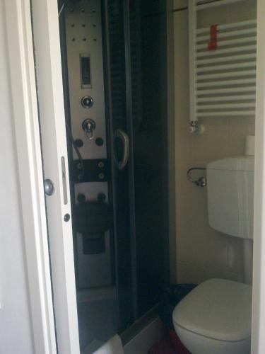 a bathroom with a toilet and a glass shower at Cinque Terre Tra Il Filo Di Arianna in Riccò del Golfo di Spezia
