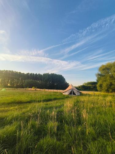 a tent in the middle of a field at Lagom - Logeren in 't groen in Nieuwerkerken