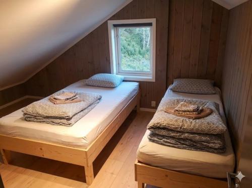 two beds in a small room with a window at Large cabin with panoramic wiews in Ål, Hallingdal in Al
