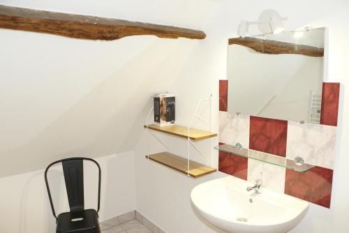 a bathroom with a sink and a mirror at Gîte de l'Aubinière in Brissac-Quincé