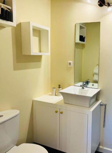 a bathroom with a sink and a toilet and a mirror at Ribeira da Janela Paradise View in Porto Moniz