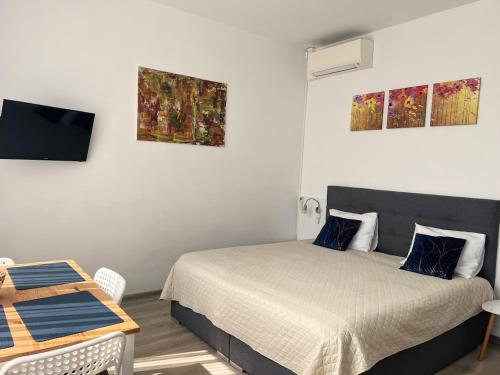 a bedroom with a bed and a flat screen tv at Studio Relax in Nida