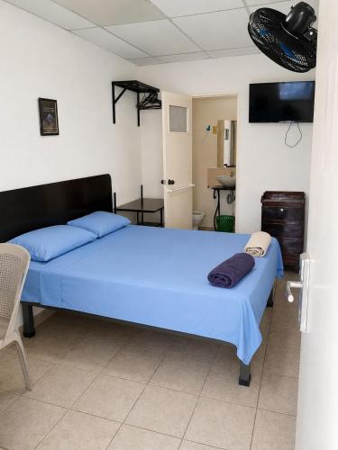 a bedroom with a blue bed and a tv at Orison Managua in Managua