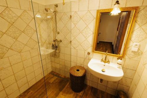a bathroom with a sink and a mirror and a shower at U Stařečka in Hovorany