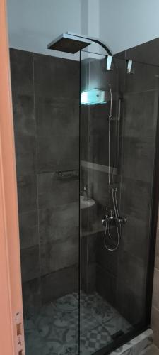 a shower with a glass door in a bathroom at Thea Monastiraki in Nafpaktos