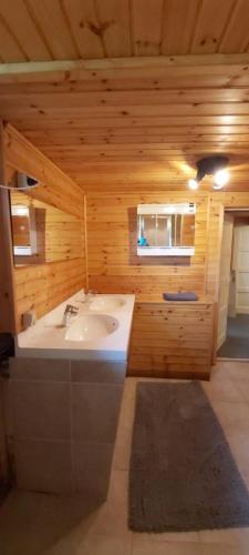 a bathroom with a tub in a wooden wall at Schwedenhaus-Nykroppa in Nykroppa
