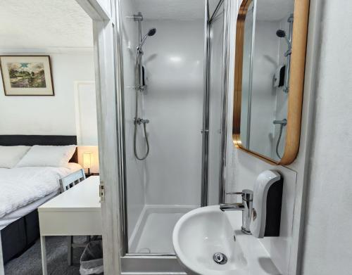 a bathroom with a shower and a sink and a mirror at Cherry Studio - Self Contained One-Bed Studio Flat in Oxford